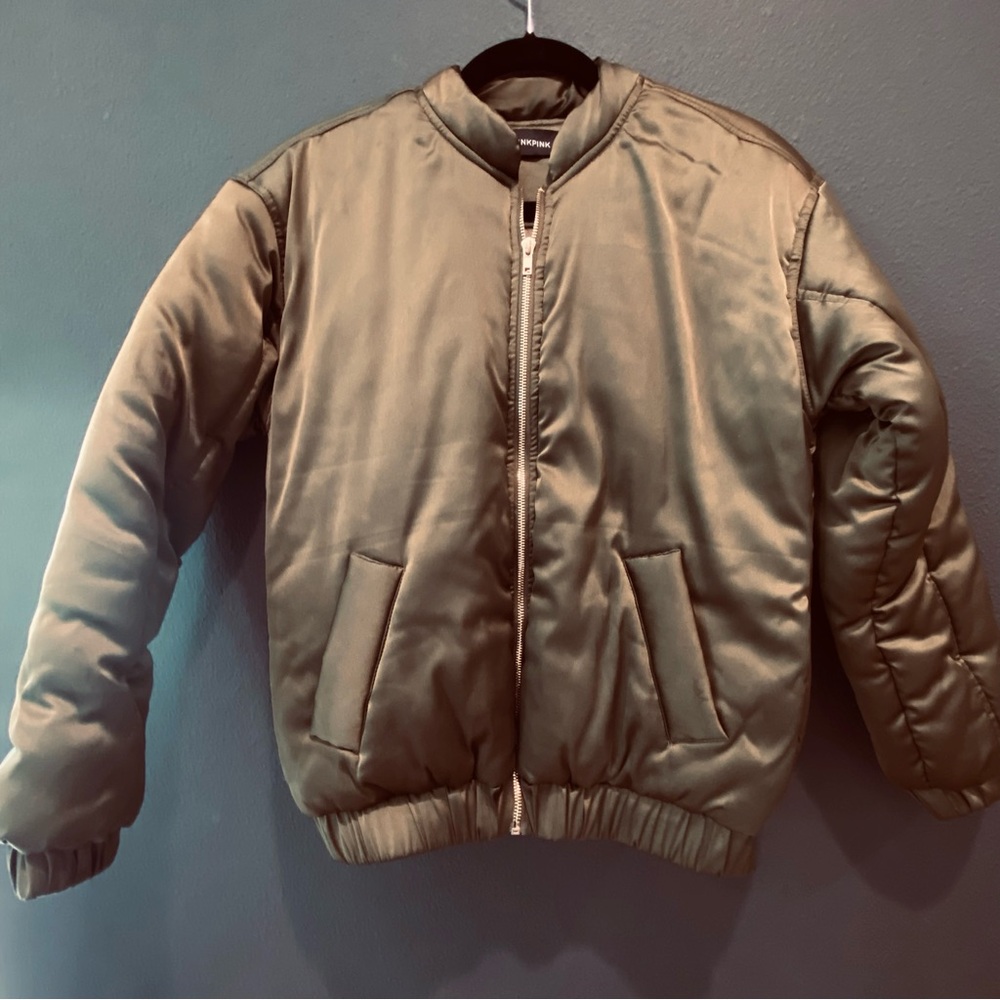 Minkpink size extra small army olive green bomber puffer satin look
